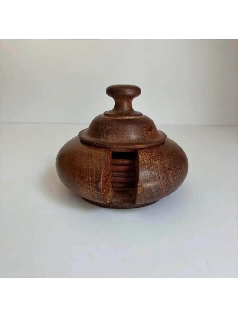 Vintage Wooden Coaster Set 5 Drink Coasters Lidded Storage Holder Hand Turned